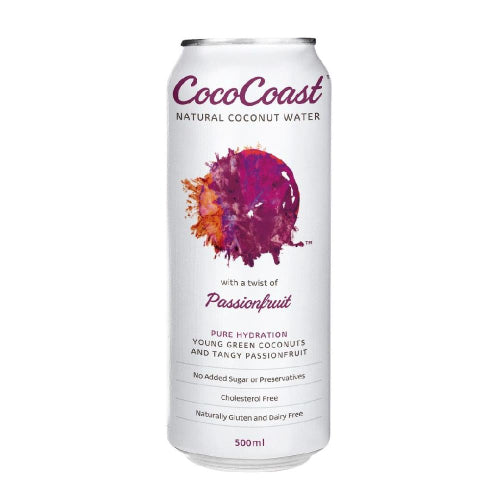 Coco Coast Passionfruit Coconut Water on a white background