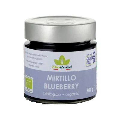 A jar of Bioitalia organic blueberry jam. The jar size is 260g.