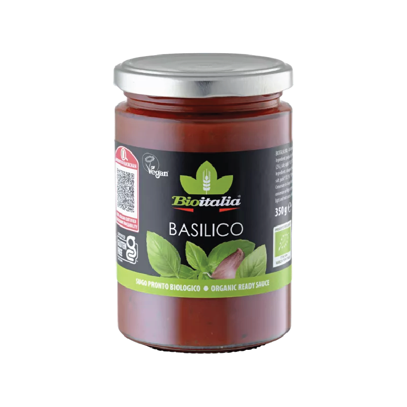 Bioitalia Pasta Sauce Basil 350g jar with a white background