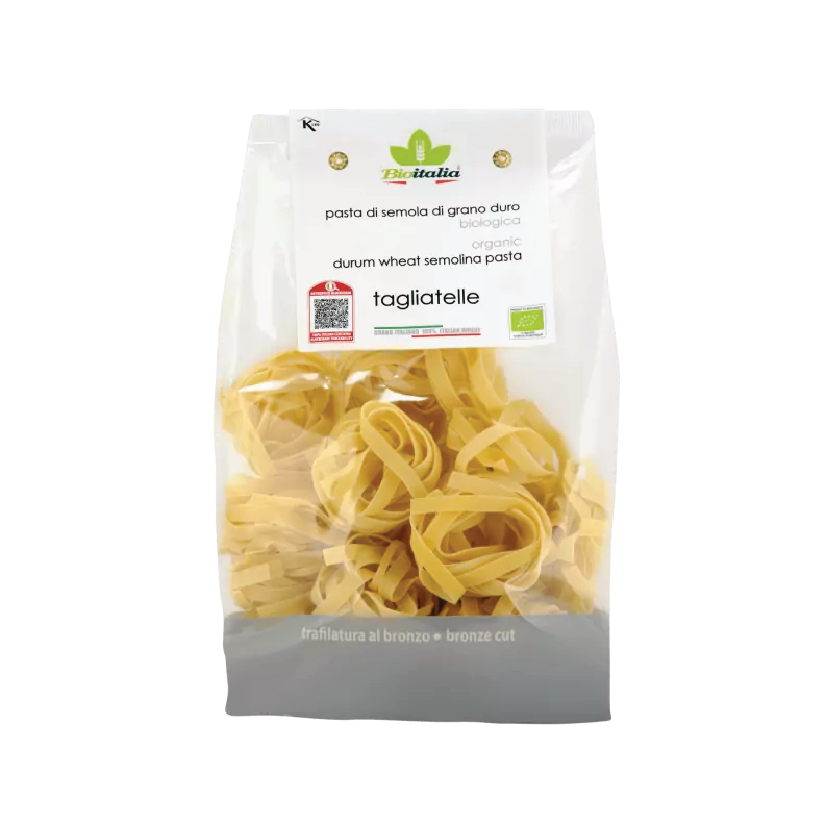 Packaged tagliatelle pasta with visible brand logo on a white background