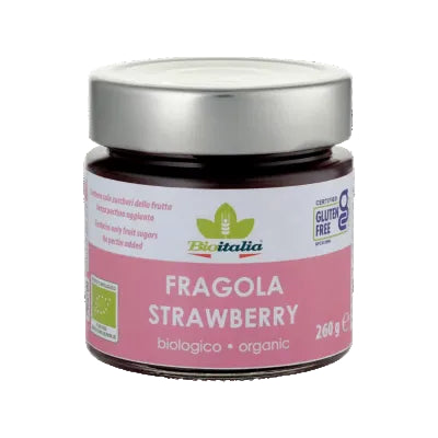 Jar of Bioitalia Strawberry Jam 260g. Jar shows it is Gluten Free and Organic.