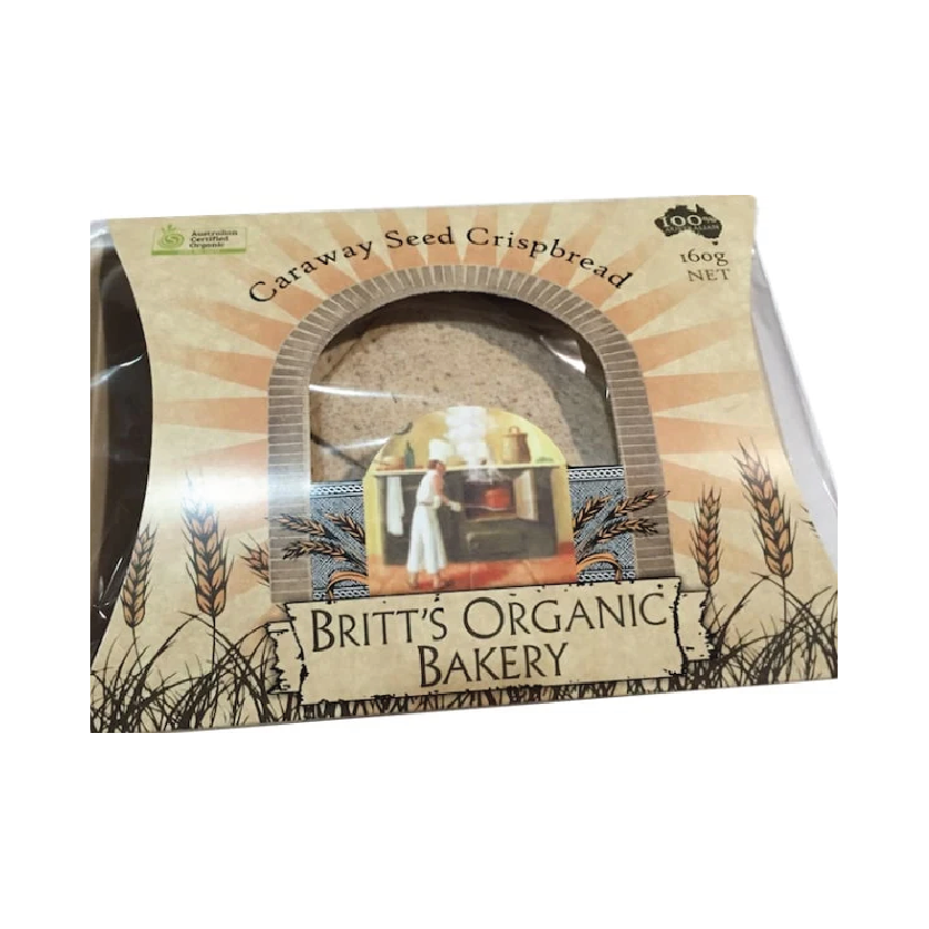 Packaged Caraway Seed Crispbread from Britt's Organic Bakery on a white background