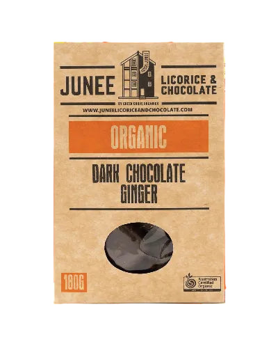 Junee Licorice & Chocolate organic dark chocolate ginger packaging on a white background