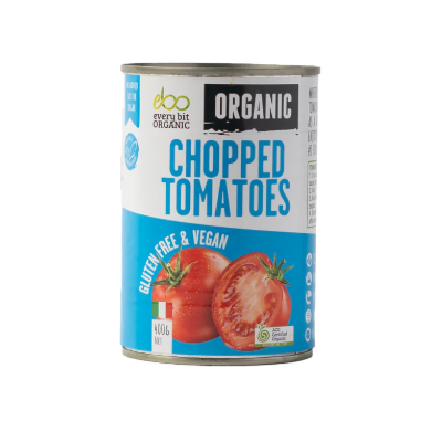 Every Bit Organic Chopped Tomatoes with white background.