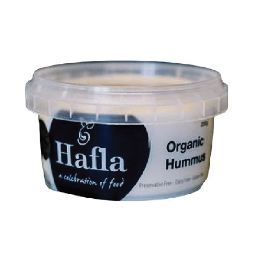 Container of Hafla Organic Hummus on a white background