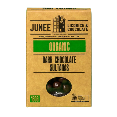 Junee Organic Dark Chocolate Sultanas on a white background
