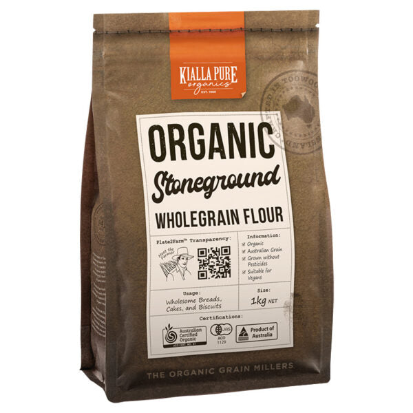 A package of Kialla Pure Foods Organic Stoneground Wholegrain Flour, 1kg, with product information and branding visible.