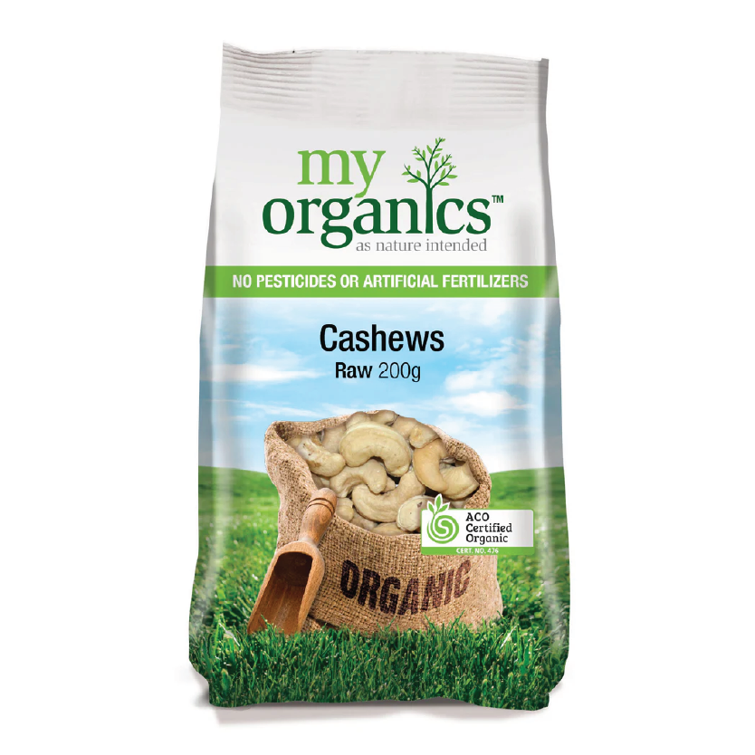 My Organics Raw Cashews bag with white background