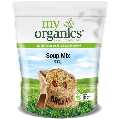 A bag of My Organics Soup Mix 600g on a white backgound