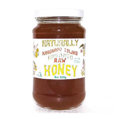 Jar of Naturally Kangaroo Island Organic Raw Honey on a white background