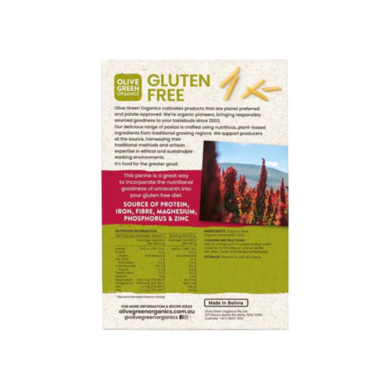 Olive Green Organics Amaranth Penne back on a white background