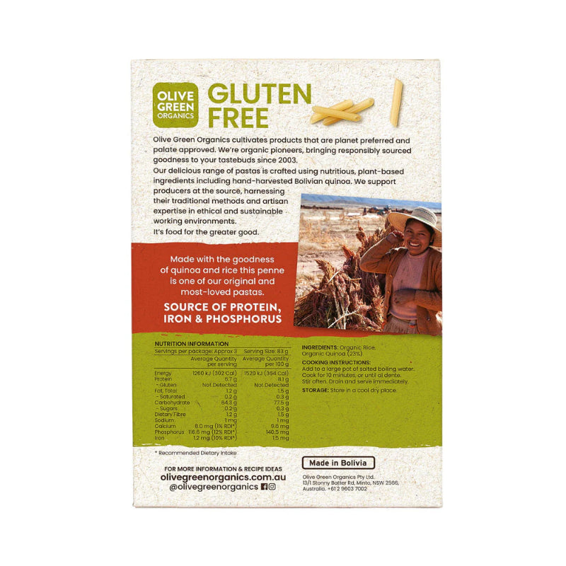Olive Green Organics Quinoa and Rice Penne back on a white background