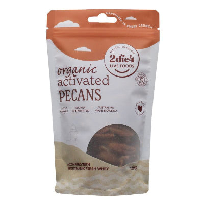 Packaging of organic activated pecans by 2die4 live foods, with product visible through a clear window.