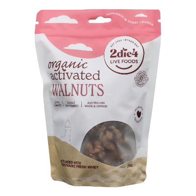 A package of organic activated walnuts by 2die4 live foods, showing the walnuts through a transparent window and highlighting the use of organic ingredients.