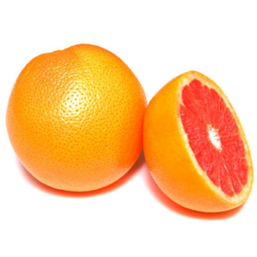 One whole ruby red grapefruit and one half cut grapefruit displaying the red interior, on a white background.