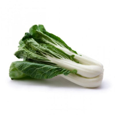A fresh bok choy with vibrant green leaves and white stems.