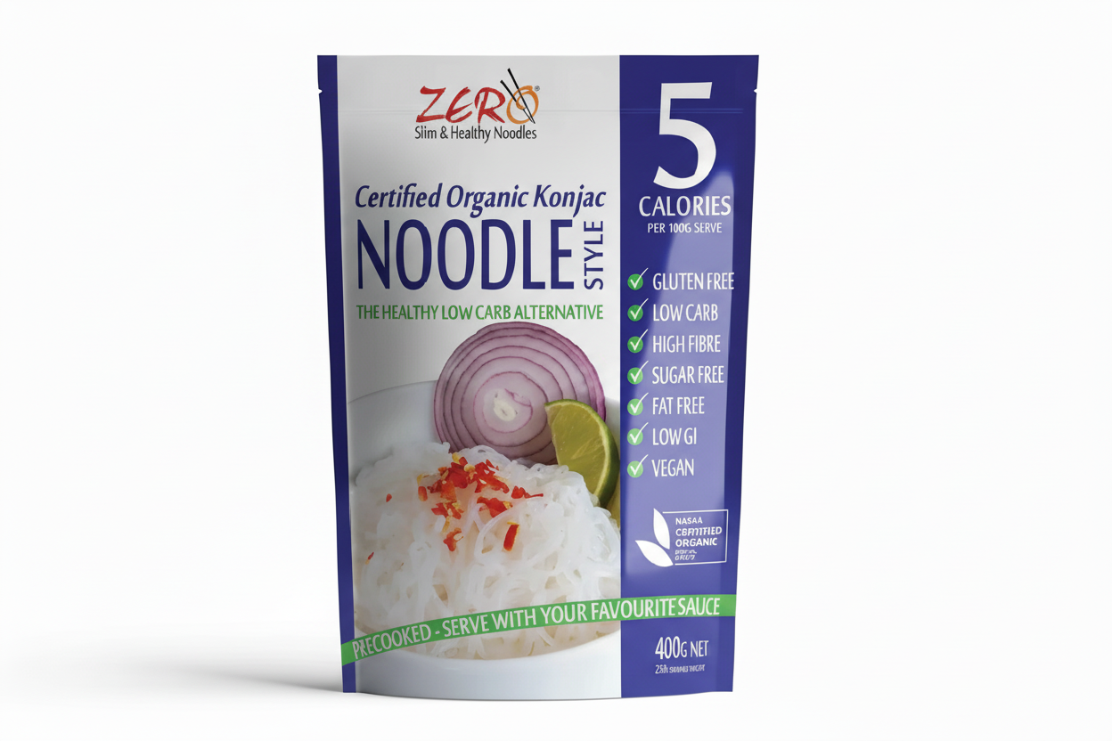 Package of Certified Organic Konjac Noodles with health benefits listed on a white background