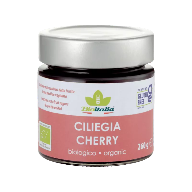 A jar of Bioitalia organic cherry jam, 260g, with the label indicating it is gluten-free and vegan.