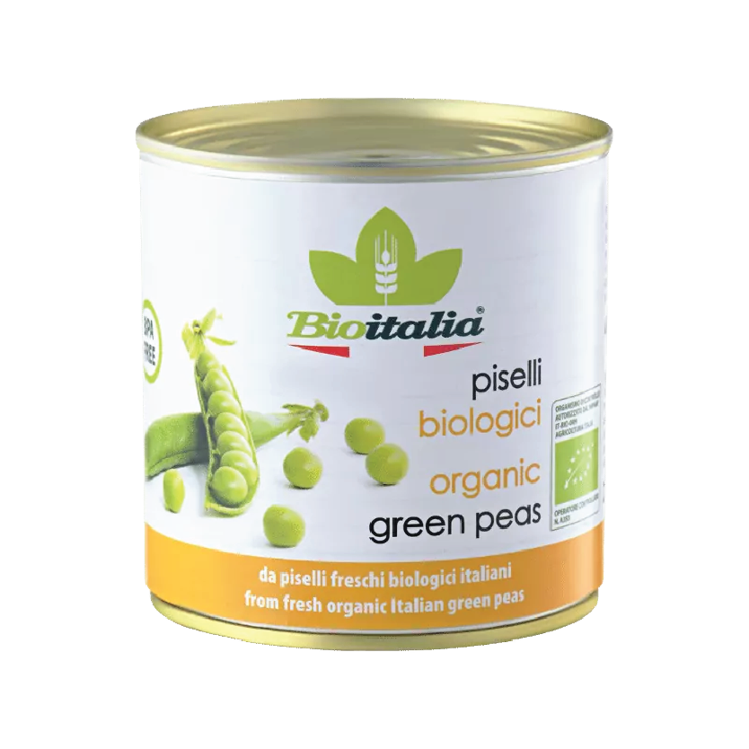 Can of Biottaia organic green peas on a white background