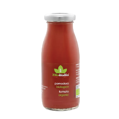 Bottle of BioItalia organic tomato juice on a white background