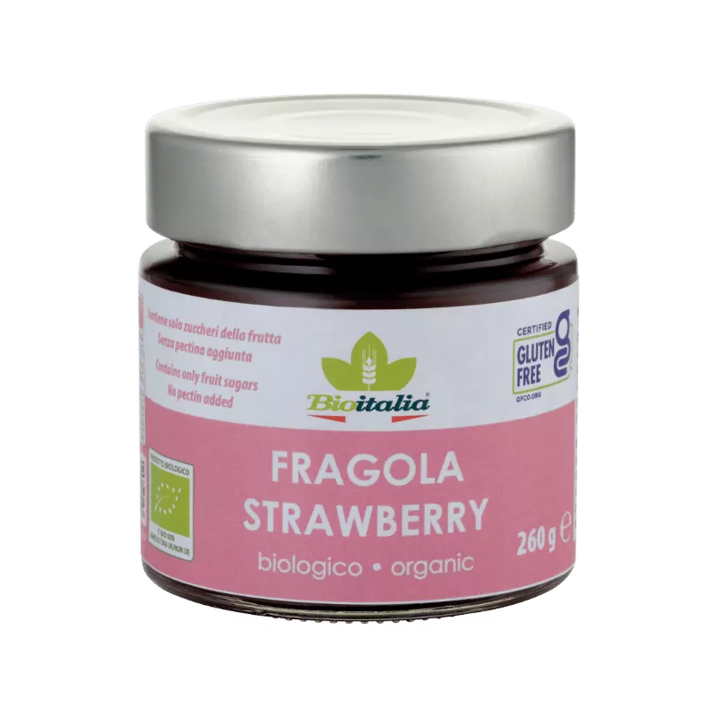 Jar of Bioitalia Strawberry Jam 260g. Jar shows it is Gluten Free and Organic.
