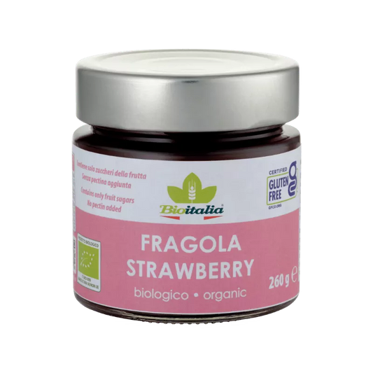 Jar of Bioitalia Strawberry Jam 260g. Jar shows it is Gluten Free and Organic.