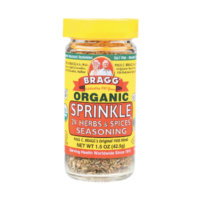 Bragg Herb & Spices Seasoning on a white background. 
