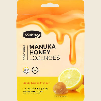 Comvita Manuka Honey Lozenges Zesty Lemon and a white background. 