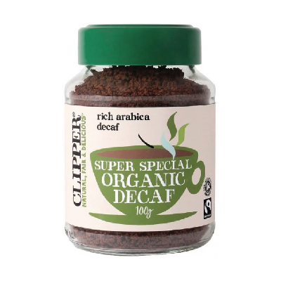 Jar of Clipper Super Special Organic Decaf coffee on a white background