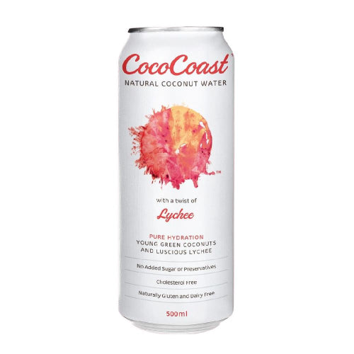 CocoCoast Lychee Coconut Water on a white background