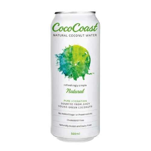 CocoCoast Natural Coconut Water on a white abckground