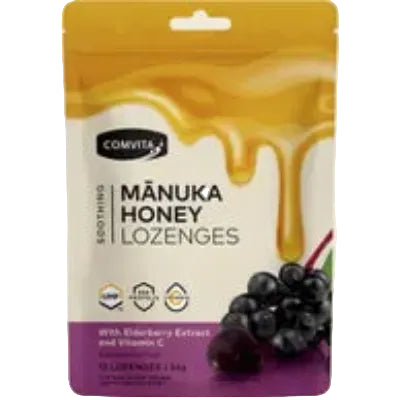 Comvita Manuka Honey Lozenges Elderberry Extract and Vitamin C on a white background.