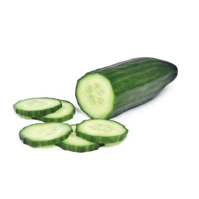 Whole cucumber and slices on a white background