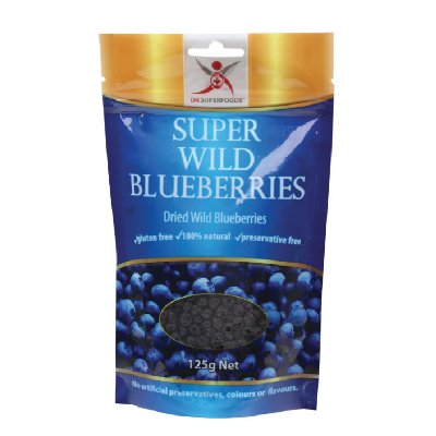 Dr Superfoods Dried Wild Blueberries on a white background.