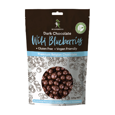 Dr Superfoods Dark Chocolate Wild Blueberries on a white background.