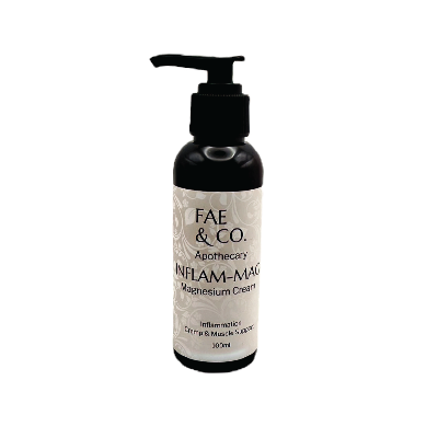Bottle of FAE & CO. Apothecary Inflam-Mag Magnesium Cream on a white background
