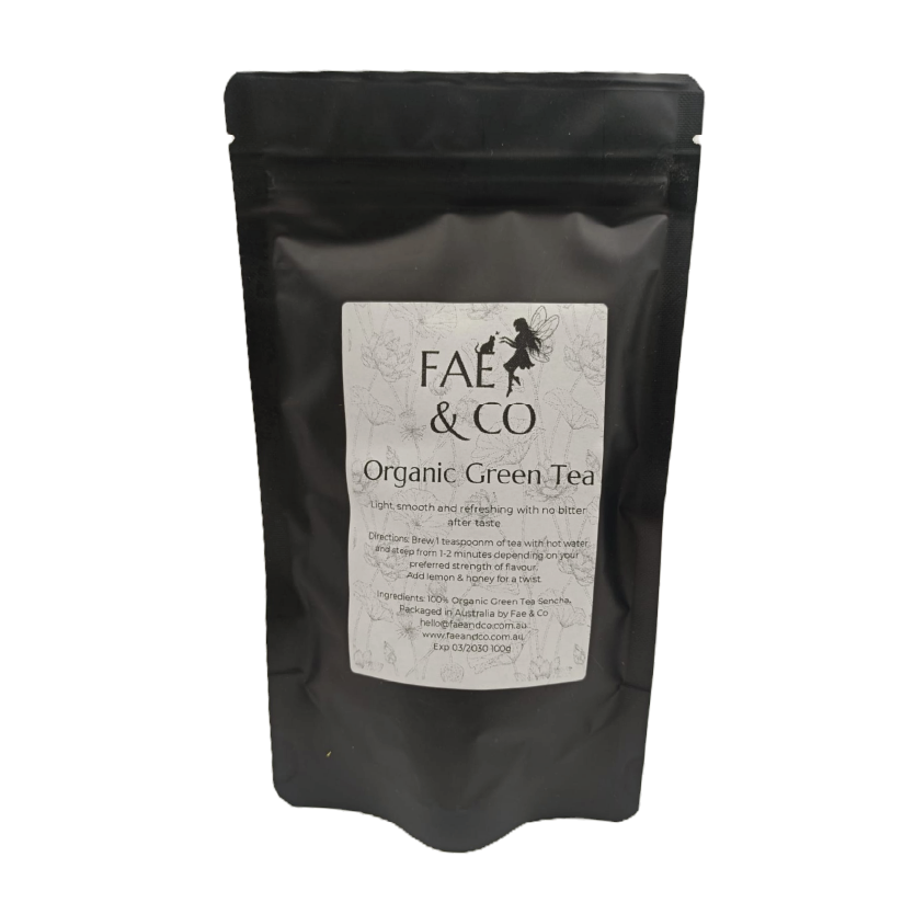 Fae&Co Organic Green Tea on a white background