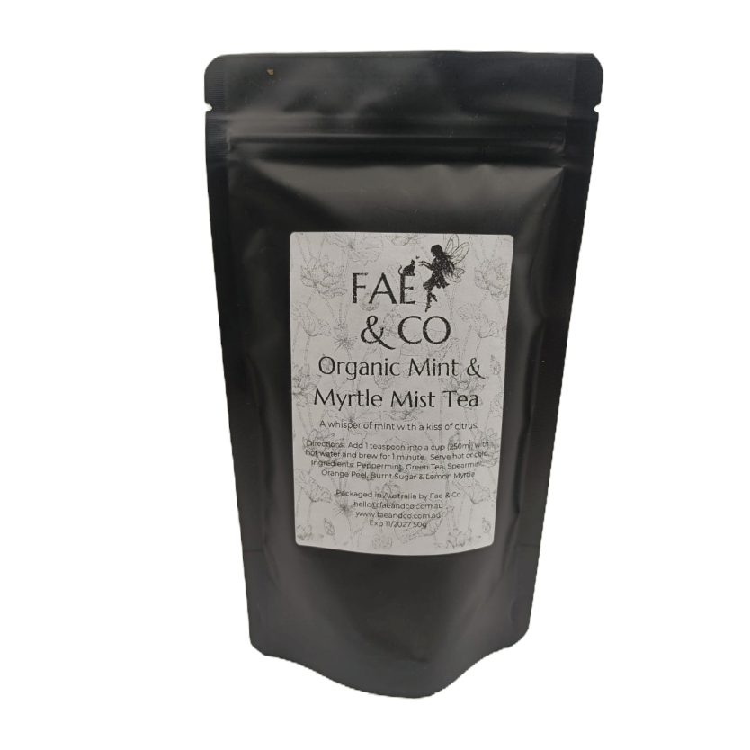 Fae&Co Organic Mint & Myrtle Mist Tea on a white background