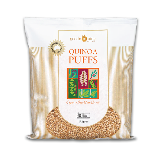 Package of Good Morning Quinoa Puffs on a white background