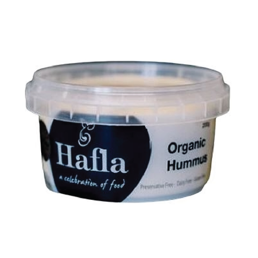 Container of Hafla Organic Hummus on a white background