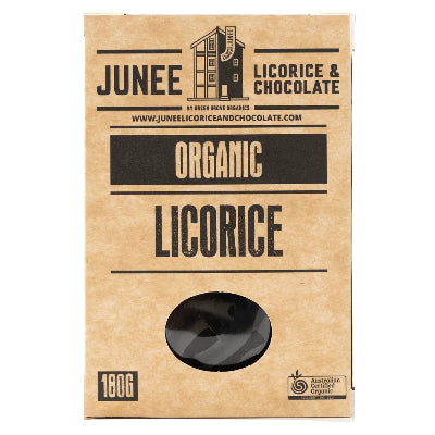 Junee Organic Licorice and Chocolate packaging on a white background