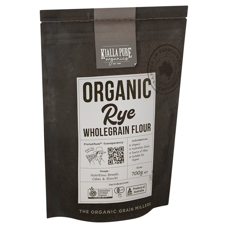 Kialla Pure Organics Organic Rye Wholegrain Flour package on a white background