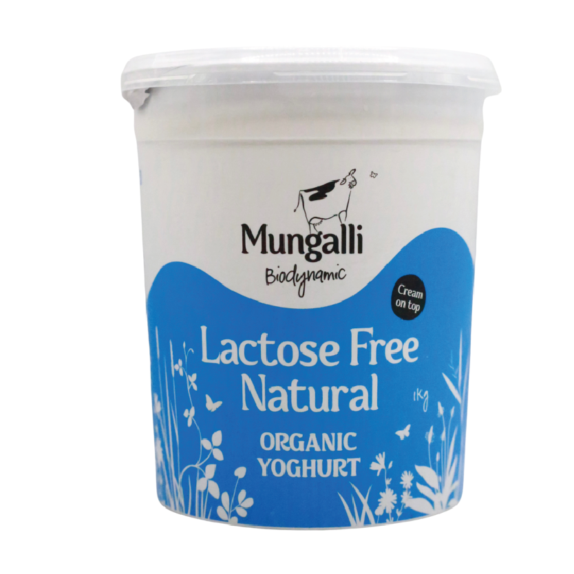 Mungalli lactose-free natural organic yoghurt container on a white background