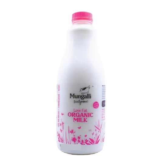 Mungalli low fat organic milk bottle on a white background