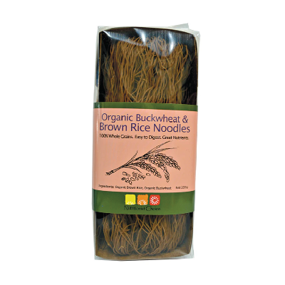 Nutritionist Choice organic buckwheat and brown rice noodles  on a white background