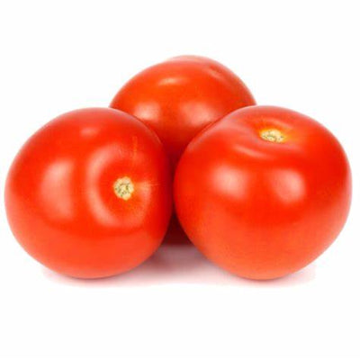 Three fresh organic tomatoes, red in color, arranged together against a white background.