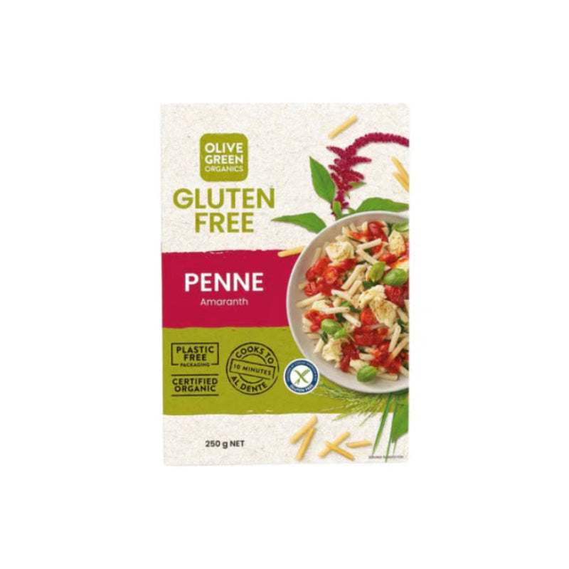 Olive Green Organics Amaranth Penne on a white background