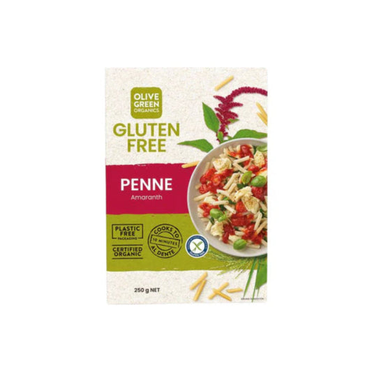 Olive Green Organics Amaranth Penne on a white background