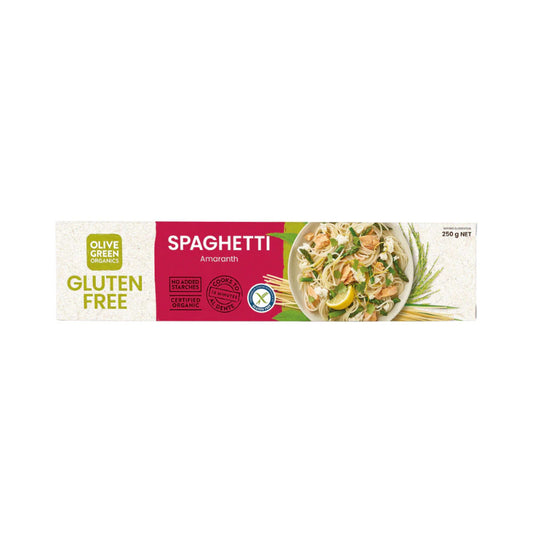 Olive Green Organics Amaranth & Rice Spaghetti on a white background