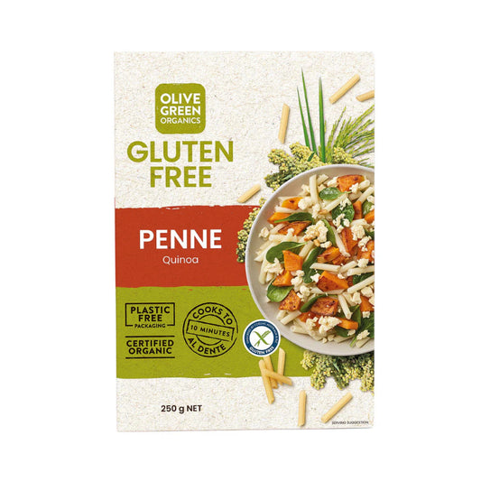 Olive Green Organics Quinoa and Rice Penne on a white background